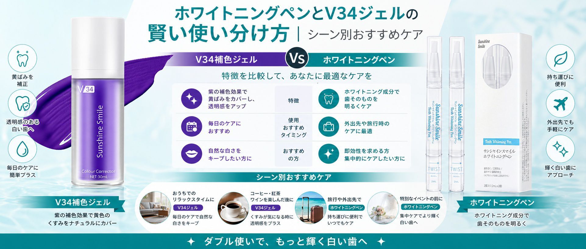もう迷わない！ホワイトニングペンとV34ジェル、シーン別の賢い使い分け方
