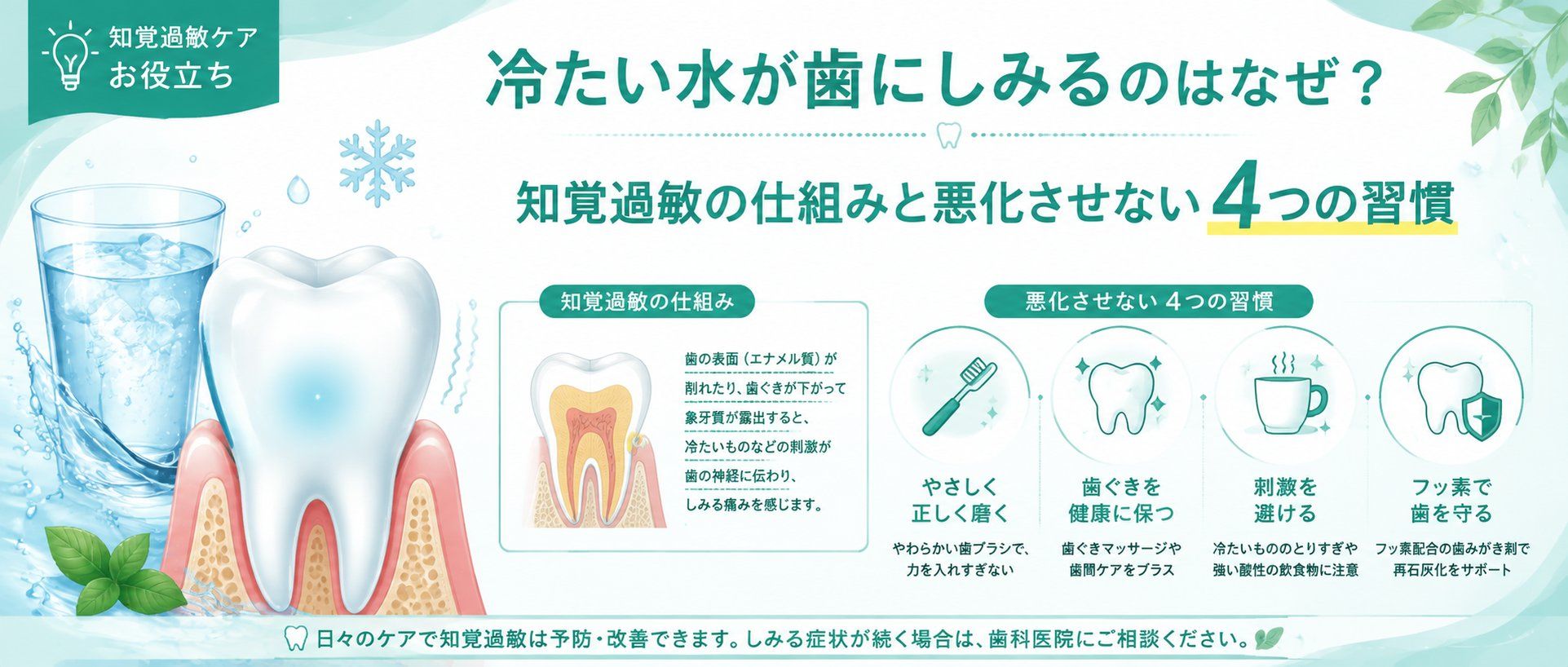 冷たい水が歯にしみるのはなぜ？知覚過敏の仕組みと悪化させない4つの習慣